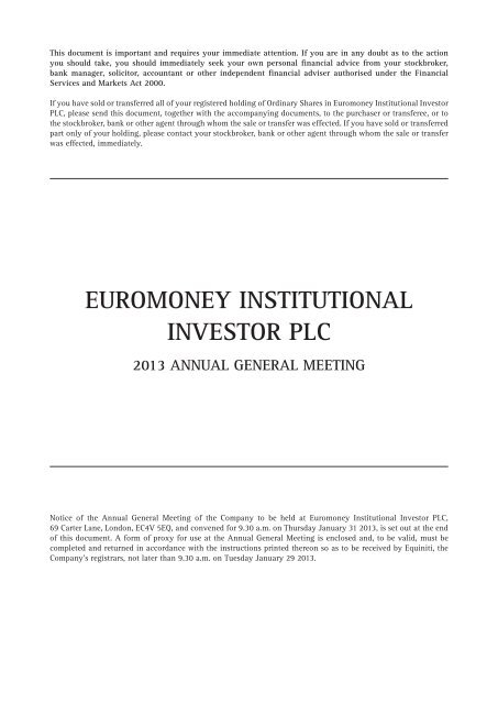 Notice of Annual General Meeting 2013 - Euromoney Institutional ...