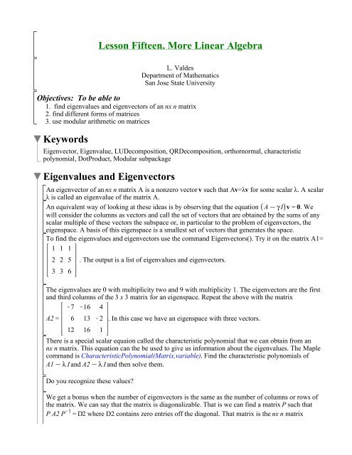 Lesson Fifteen. More Linear Algebra - Department of Mathematics ...