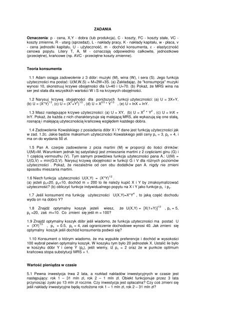 Zadania Oznaczenia P Cena X Y Dobra Lub Produkcja C