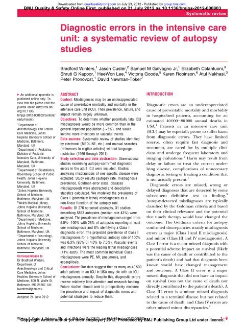 Diagnostic errors in the intensive care unit: a systematic review of ...