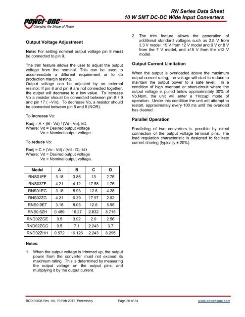 RN Series Data Sheet 10 W SMT DC-DC Wide Input ... - Power-One