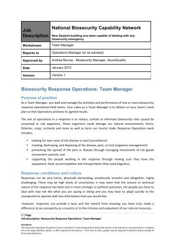 Job Description Team Manager - AsureQuality