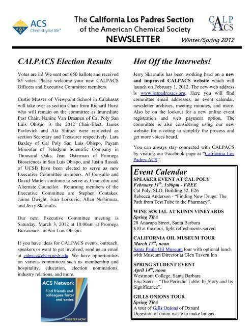 Newsletter - Winter 2012 - Department of Chemistry and Biochemistry
