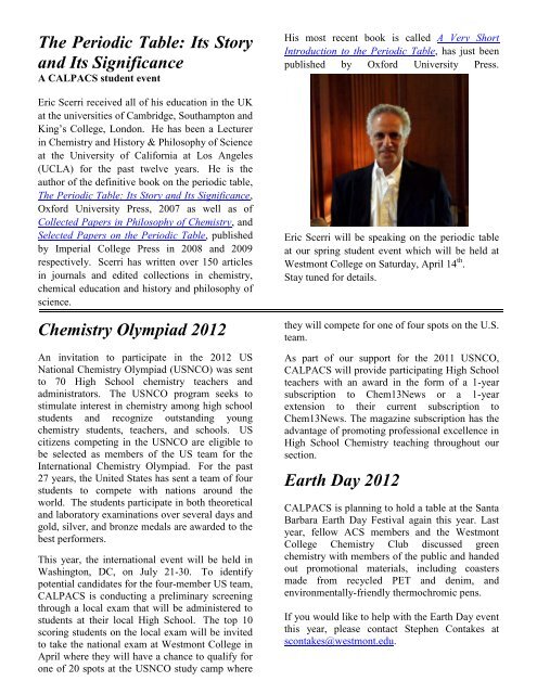 Newsletter - Winter 2012 - Department of Chemistry and Biochemistry