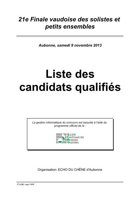 Titre liste qualifiÃ©s - SociÃ©tÃ© Cantonale des Musiques Vaudoises