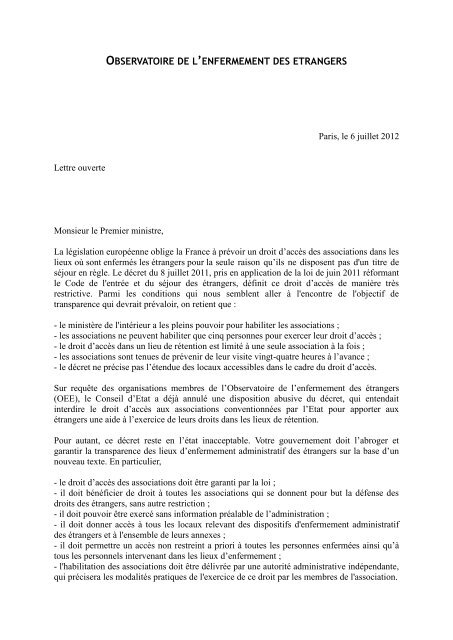 la lettre ouverte de l'OEE au Premier ministre - Acat