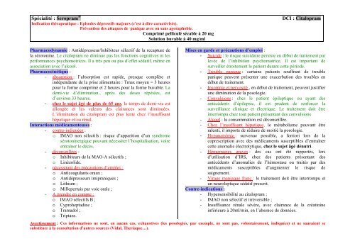 SpÃ©cialitÃ© : Seropram DCI : Citalopram - MedQual