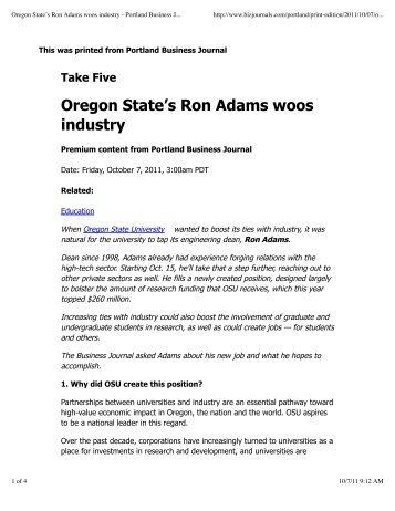 Oregon State's Ron Adams woos industry - College of Engineering