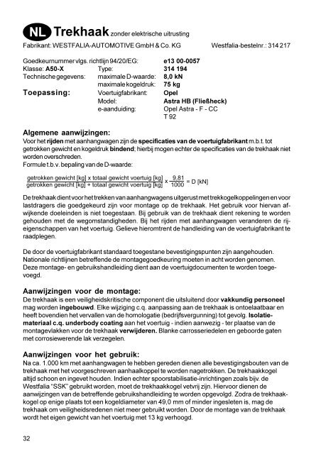 Opel Astra HB (FlieÃƒÂŸheck) D Montage- und ... - Westfalia