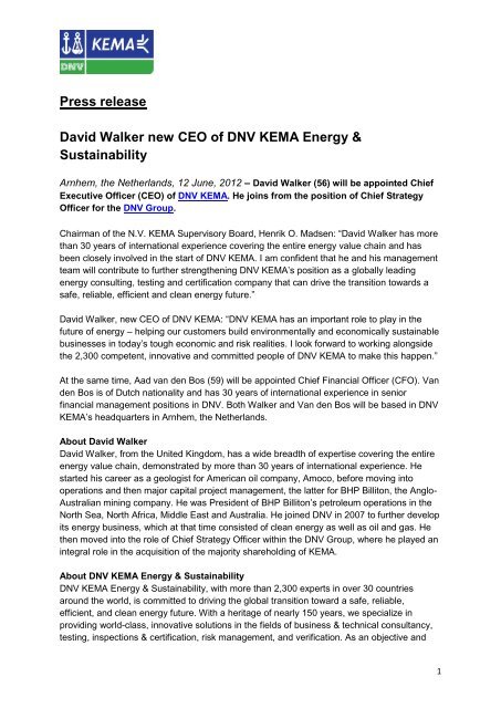 Press release DNV KEMA New CEO