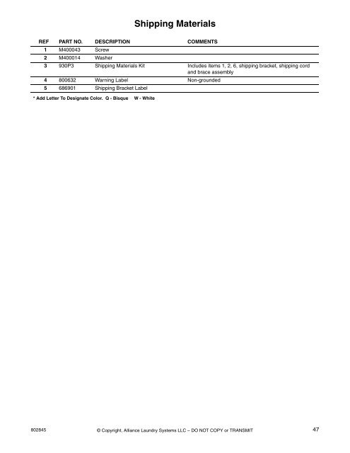 Homestyle Frontload Washer Parts Manual - UniMac