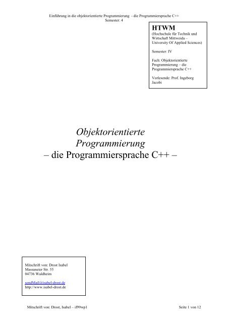 Objektorientierte Programmierung â die Programmiersprache C++ â