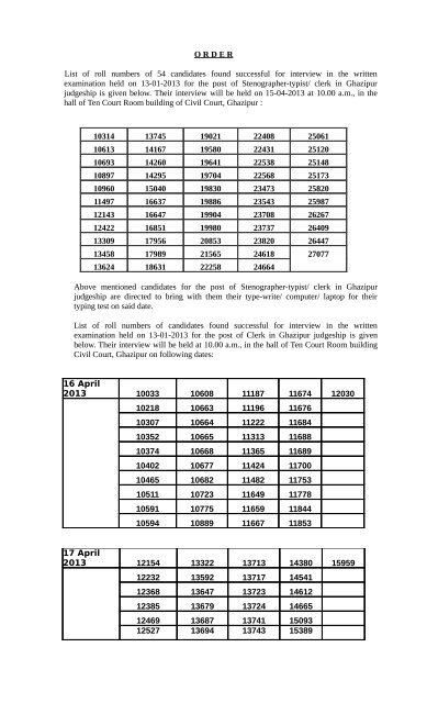 O R D E R List of roll numbers of 54 candidates found successful for ...