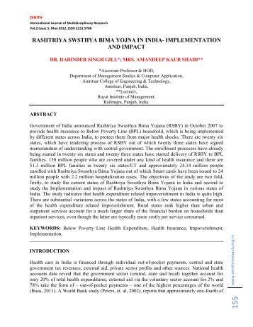 rashtriya swsthya bima yojna in india - zenith international journal of ...