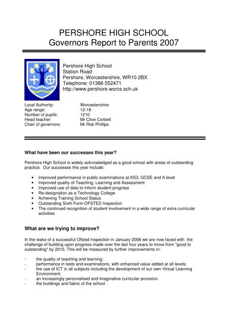 PERSHORE HIGH SCHOOL Governors Report to Parents 2007