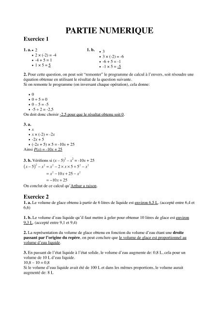 PARTIE NUMERIQUE Exercice 1