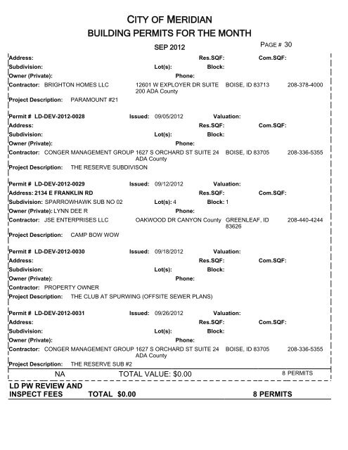 CITY OF MERIDIAN BUILDING PERMITS FOR THE MONTH