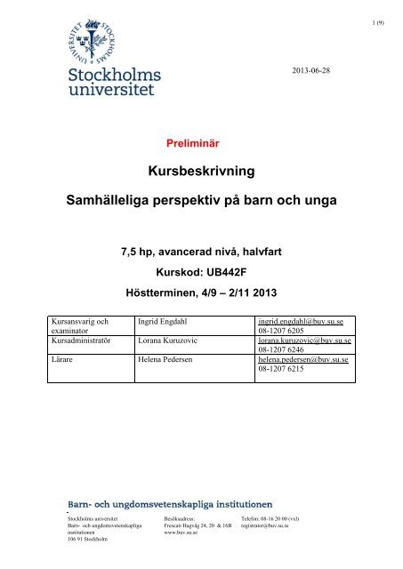 Kursbeskrivning SamhÃ¤lleliga perspektiv pÃ¥ barn och unga