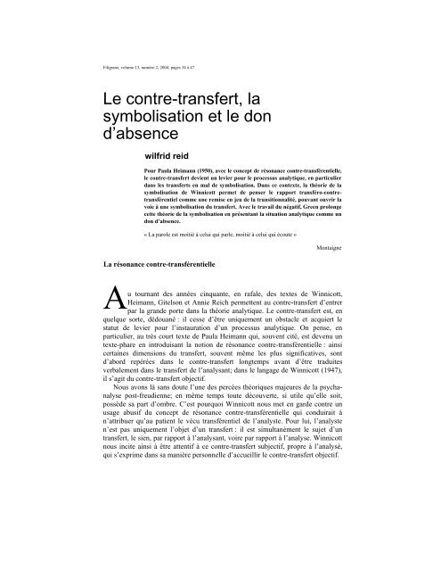 Le contre-transfert, la symbolisation et le don d'absence