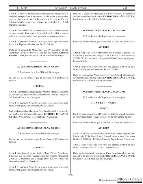 Gaceta - Diario Oficial de Nicaragua - # 241 de 13 Diciembre 2004