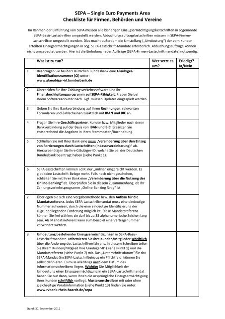 Checkliste - Sind Sie fit fÃ¼r SEPA? (PDF) - RV Bank Rhein-Haardt eG