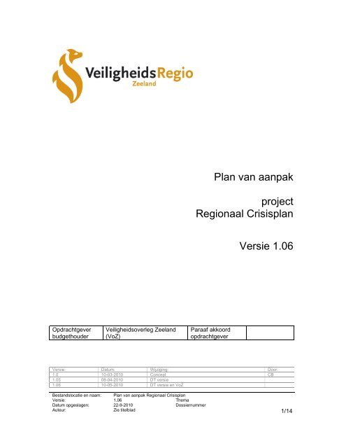 Plan van Aanpak Project Regionaal Crisisplan - Veiligheidsregio ...