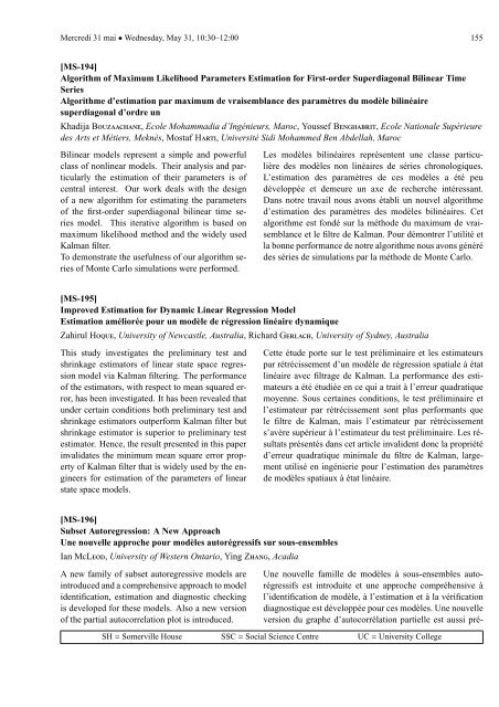 Programme et rÃ©sumÃ©s (pdf) - SociÃ©tÃ© statistique du Canada