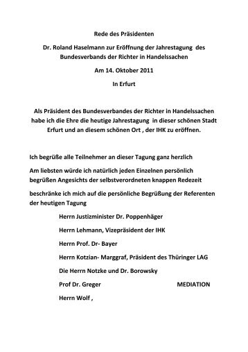 Rede des PrÃ¤sidenten Dr. Roland Haselmann zur ErÃ¶ffnung der ...