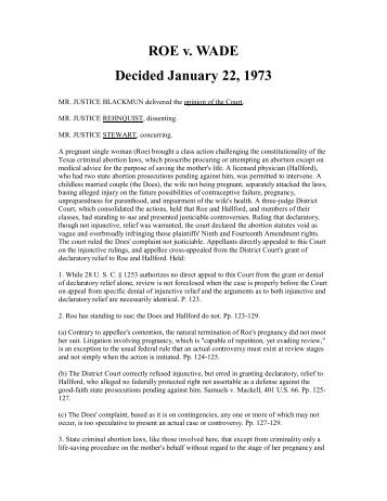 ROE v. WADE Decided January 22, 1973