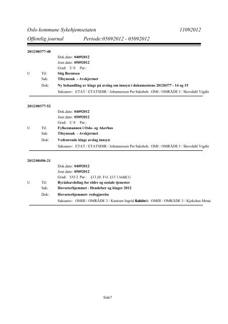 Offentlig journal Periode:05092012 - Sykehjemsetaten