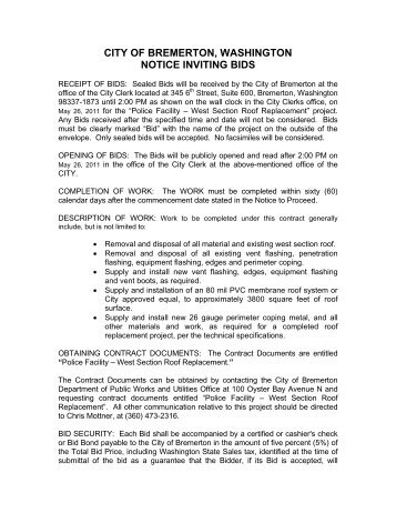 CITY OF BREMERTON, WASHINGTON NOTICE INVITING BIDS