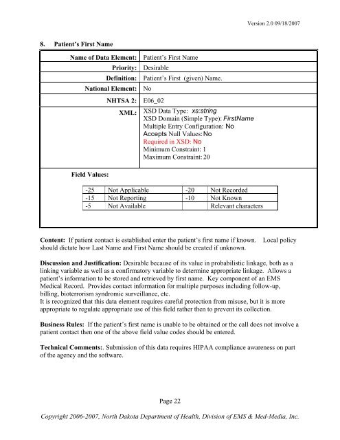 State Data Dictionary - North Dakota Department of Health