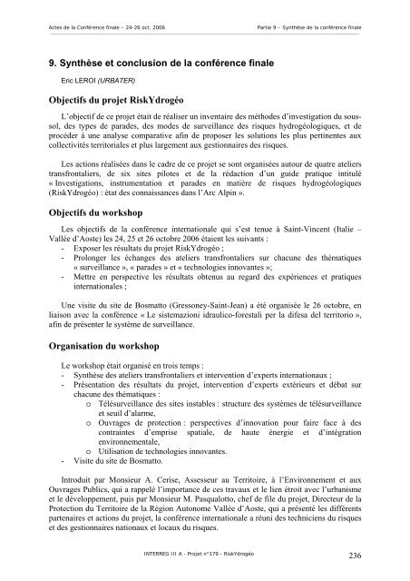 9. Synthèse et conclusion de la conférence finale Objectifs du projet ...