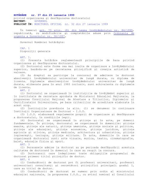 HG 37/1999 privind organizarea si desfasurarea doctoratului