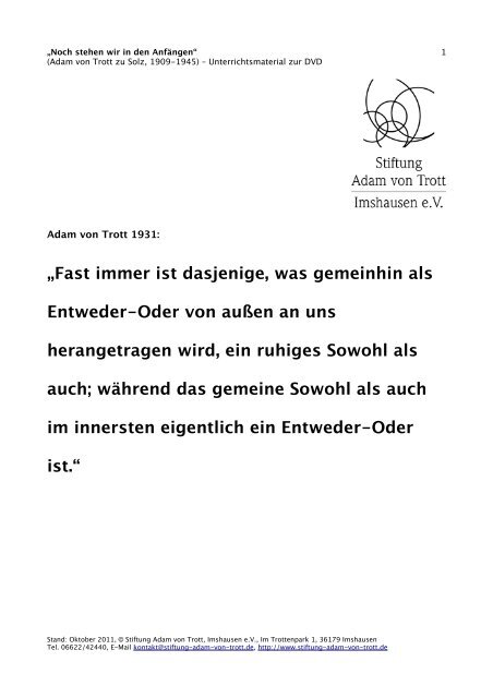 Unterrichtsmaterial der Stiftung Adam von Trott Imshausen e.V.