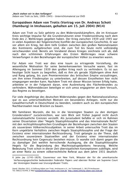 Unterrichtsmaterial der Stiftung Adam von Trott Imshausen e.V.