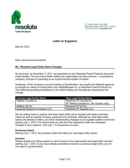 Letter To Suppliers Resolute Forest Products