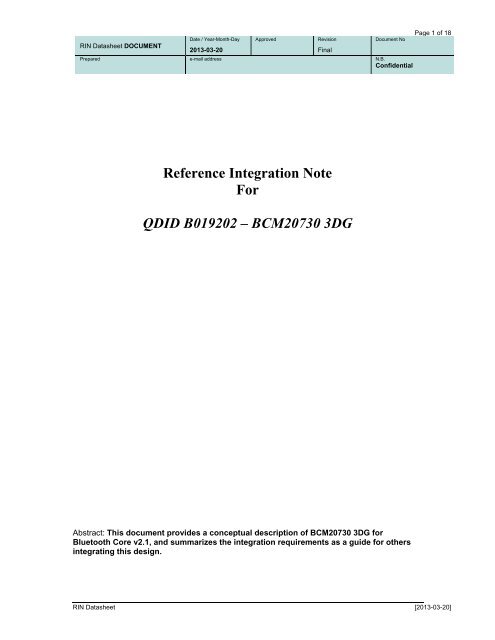 Open Reference Integration Notes (RIN) - Bluetooth