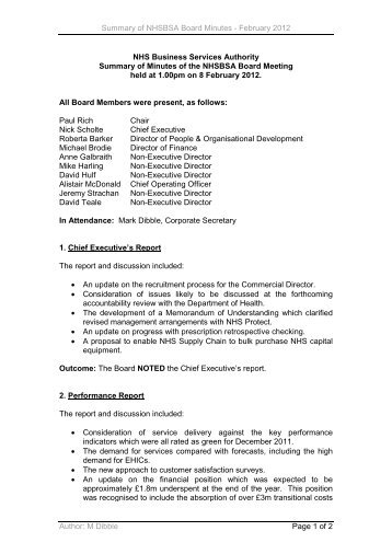Summary of Minutes of the meeting held on 8 February 2012