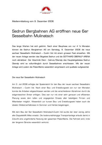 Sedrun Bergbahnen AG eröffnen neue 6er Sesselbahn Mulinatsch