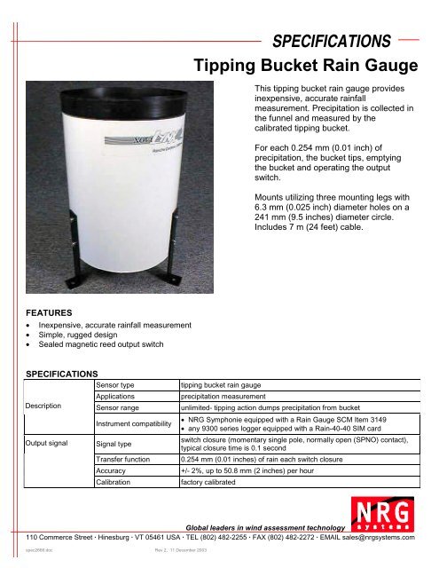 SPECIFICATIONS Tipping Bucket Rain Gauge - Proviento