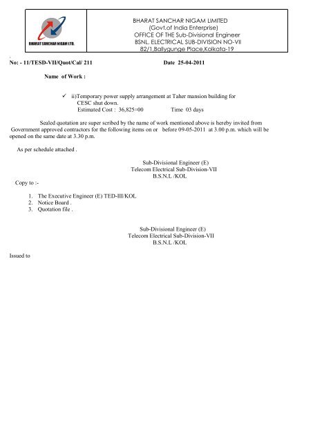 OFFICE OF THE Sub-Divisional Engineer BSNL, ELECTRICAL