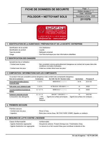 fiche de donnees de securite polodor + nettoyant sols ... - ESSEF