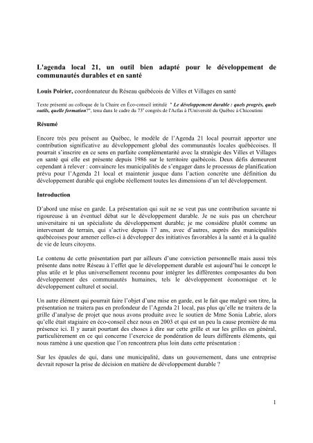 Document PDF - Réseau québécois des villes et villages en santé