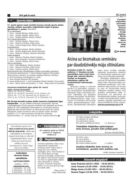 laikraksts Â«Iecavas ZiÅasÂ» 1. un 3. lpp. 26.03.2010.