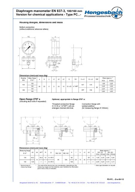 Diaphragm manometer EN 837-3, 100/160 mm - Hengesbach ...