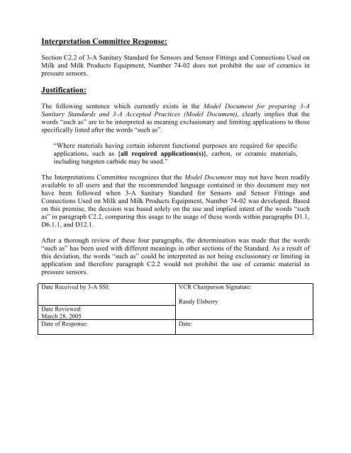 Interpretation Committee Decision 3-05 (PDF) - 3-A Sanitary ...