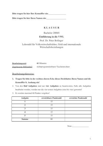 K L A U S U R Bachelor 2008/I EinfÃƒÂ¼hrung in die VWL Prof. Dr. Peter ...