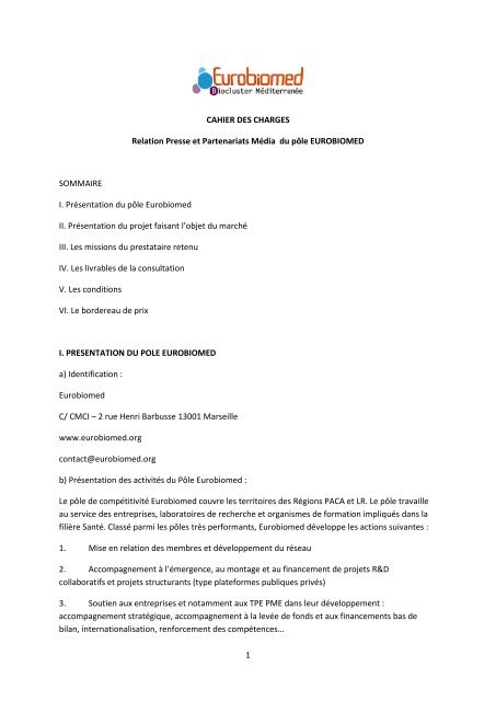 1 CAHIER DES CHARGES Relation Presse et ... - Eurobiomed