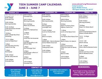 teen summer camp calendar - YMCA of San Francisco